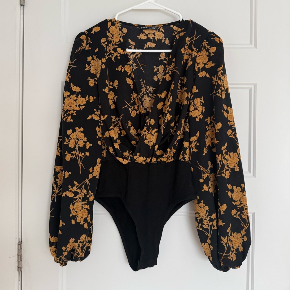 FLORAL BLACK AND GOLD WOMEN'S BODYSUIT XS LONG SLEEVES